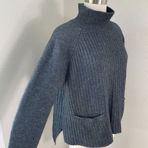 Toad & Co Womens Large Ribbed Gray Sweater Non Mulesed Lambswool Blend High Neck - Picture 2 of 12